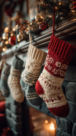 Several knitted Christmas stockings in various colors hang from a fireplace mantel. The composition includes a blurred background of festive lights and ornaments. The image features warm tones, soft lighting, and a textured appearance, evoking a cozy indoor atmosphere, suitable for seasonal celebrations or editorial content.の素材