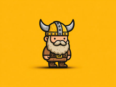A cartoon illustration depicts a small Viking figure, centered against a vibrant yellow backdrop. The character sports a horned helmet and a large beard. The composition uses flat colors and bold outlines, creating a simple yet striking visual. This image could be suitable for various commercial projects and editorial content.の素材