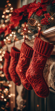 A close-up captures multiple red knitted Christmas stockings hanging from a fireplace mantel. The composition features vibrant colors, warm lighting, and detailed textures. Decorations include flowers, berries, and twinkling lights suggesting a cozy, indoor setting, suitable for holiday-themed commercial projects and editorial content.の素材