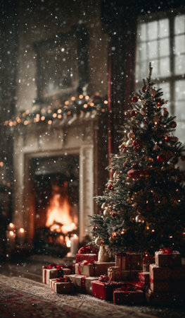 An indoor scene features a decorated Christmas tree next to wrapped gifts. A fireplace with a warm fire is in the background, adorned with lights. The composition is detailed with soft textures and a warm color palette. This image is suitable for various commercial purposes, including holiday-themed advertising and editorial content.の素材