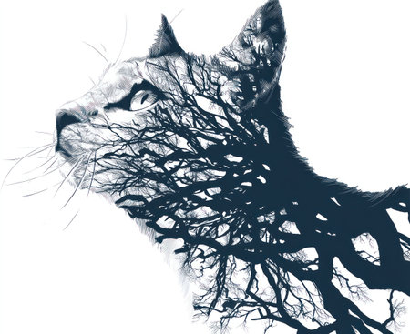 This image presents a cat's profile, artfully integrated with tree branches, set against a pristine white background. The composition employs a contrasting color palette of dark tones and white space. Suitable for various creative and commercial applications such as illustrations or designs promoting nature.の素材