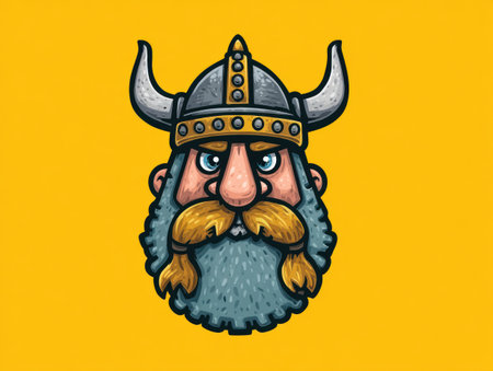 This illustration presents a cartoon depiction of a Viking head, featuring a horned helmet and a detailed face. The image showcases a stylized design with a prominent beard and mustache against a yellow backdrop. The artwork's clean lines and vibrant colors make it suitable for various commercial applications.の素材