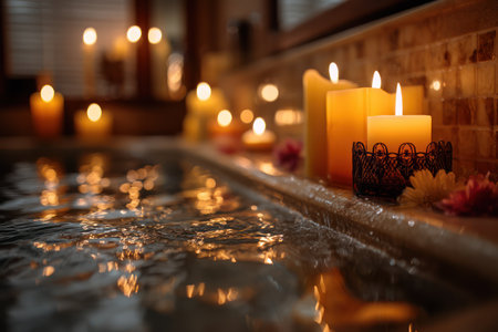 This image features numerous burning candles casting warm light on a water surface. The composition showcases a soft focus and bokeh effect, creating a tranquil ambiance. The scene suggests a spa or relaxation setting, potentially suitable for wellness, lifestyle, or decorative projects.の素材