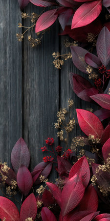 An arrangement of burgundy leaves and delicate golden sprigs contrasts against a dark wooden background. The image exhibits a high-angle composition with soft lighting. This could be used for various creative projects, including website backgrounds, print design, and editorial illustrations.の素材