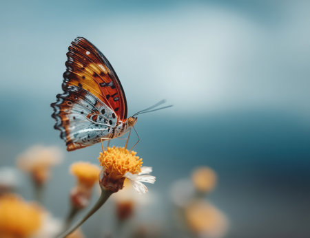 A butterfly rests on a flower with a vibrant display of colors. The image showcases detailed wing patterns and textures, set against a soft, unfocused backdrop. The composition is likely captured outdoors, bathed in natural light. This photograph could be used for various design projects and editorial content.の素材
