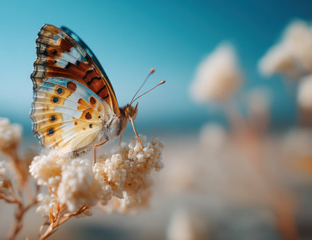 A close-up view presents a butterfly resting on a flowering plant, showcasing intricate wing patterns and colors. Soft lighting illuminates the scene, highlighting textures and details. The composition includes a blurred background suggesting an outdoor environment. Suitable for editorial and commercial applications.の素材