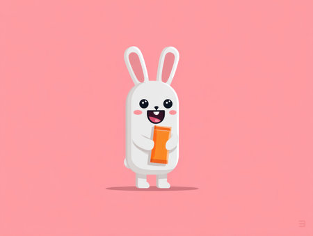 This cartoon illustration depicts a white bunny with large eyes and a happy expression. It is holding an orange carrot against a plain pink background. The style is flat and vector based, featuring bold outlines and simplified shapes. This image is suitable for various commercial uses.の素材