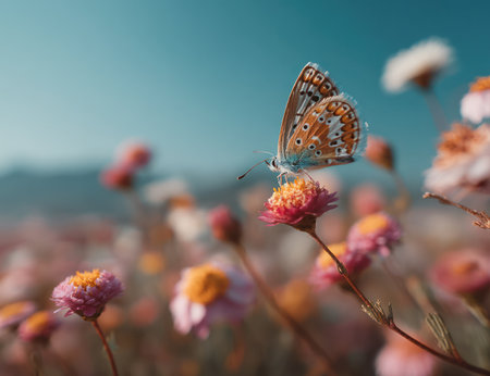 A butterfly rests on a flower, showcasing intricate wing patterns. The image displays a shallow depth of field, with soft focus on the background. Colors include shades of pink, orange, and blue, suggesting an outdoor scene during daylight. The photograph could be utilized for various commercial purposes.の素材