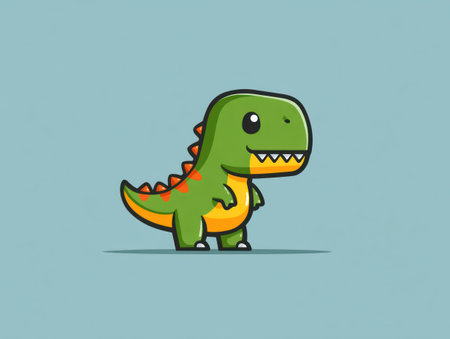 This cartoon illustration features a green dinosaur with orange and yellow accents against a blue background. The style is simple and graphic, with clean lines and a friendly demeanor. It's suitable for children's books, educational materials, or use in a variety of design projects. The image evokes a playful and inviting atmosphere.の素材