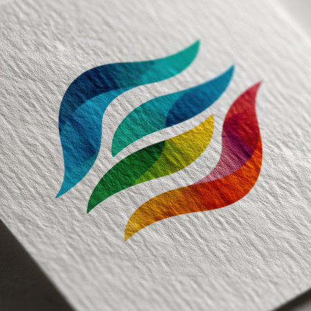 An abstract logo featuring layered flame shapes in vibrant colors is presented on a textured white paper background. The composition highlights gradients of blue, green, yellow, and red. The visual style suggests a modern design, potentially suitable for digital media, branding, or marketing content.の素材