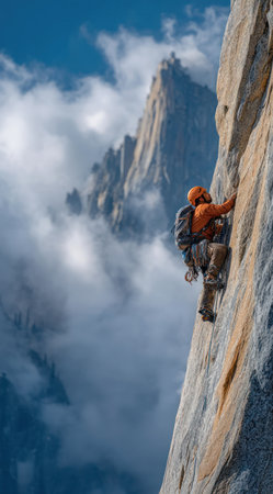 A climber ascends a steep rock face under a cloudy sky. The image features a side view of the climber with a backpack and safety gear. The composition showcases the rugged texture of the cliff against the vast backdrop, with daylight illuminating the scene. Suitable for adventure stories, travel content, or inspirational media.の素材
