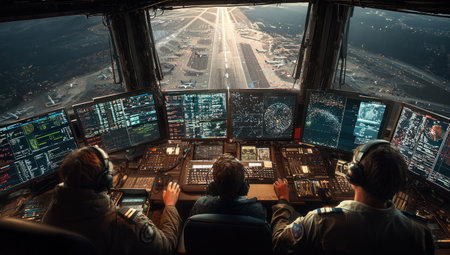 An overhead perspective inside an aircraft cockpit shows aircrew members monitoring flight systems. The scene showcases an array of computer screens and instrument panels displaying data. A runway stretches into the distance framed by a window. The image could be suitable for aviation related projects.の素材