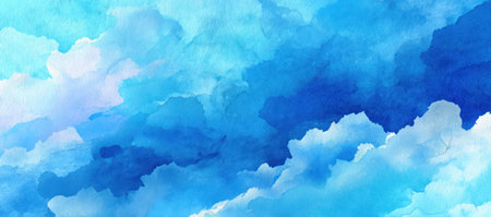 This image presents a watercolor painting of a cloudy sky in shades of blue and white. The composition features an abstract style with soft edges and blended colors, suggesting a sense of calm. Suitable for various applications, this artwork could be used in design projects or editorial content.の素材