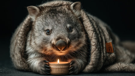 A wombat is the central focus in this image, gently cradling a lit candle. The creature is wrapped in a soft, textured material, creating a sense of warmth and comfort. The scene employs a dark background to highlight the wombat and the candle's glow. This image could be suitable for various editorial and commercial applications.の素材
