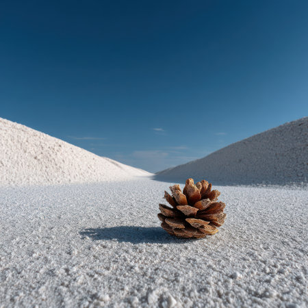 A detailed image presents a pine cone in the foreground set against snow-covered hills and a clear blue sky. The composition emphasizes textures and contrasts of light and shadow. Potential uses include editorial illustrations or designs, providing a visual element for various creative projects.の素材