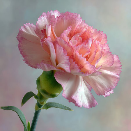A close-up photograph displays a vibrant pink carnation flower. The soft petals exhibit a layered texture, complemented by a green stem and leaves. The composition is likely captured indoors, with a focus on detail and clarity. This image is suitable for various commercial purposes, including floral arrangements and decorative uses.の素材