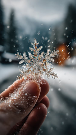 A hand delicately holds a detailed snowflake, showcasing intricate icy patterns. The image features a shallow depth of field, highlighting the crystal against a soft, blurred background. The scene suggests a winter environment with muted tones and natural lighting, suitable for various editorial and promotional purposes.の素材