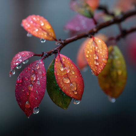 This image showcases vibrant leaves in shades of red, orange, and green, glistening with water droplets. The composition focuses on a detailed branch against a blurred backdrop. The soft lighting and shallow depth of field suggest a natural outdoor environment, suitable for various editorial and design projects.の素材