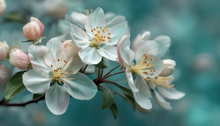 The image features close-up of white flowers in full bloom. The flowers exhibit intricate details and textures. A soft focus creates a blurred background in shades of green and blue, suggesting a natural environment. Suitable for a variety of editorial and commercial applications.の素材