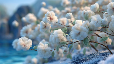 This image features delicate white flowers with soft textures, set against a backdrop of natural elements. The composition showcases a shallow depth of field, emphasizing the blooms' intricate details. The lighting suggests an outdoor environment, ideal for various commercial applications and visual storytelling.の素材