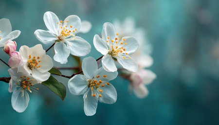 This image showcases several white flowers in full bloom, set against a blurred, teal-colored background. The composition emphasizes soft textures, natural lighting, and a shallow depth of field, creating a sense of tranquility. It could be useful for designs related to nature, beauty, or spring themes and in advertising materials.の素材