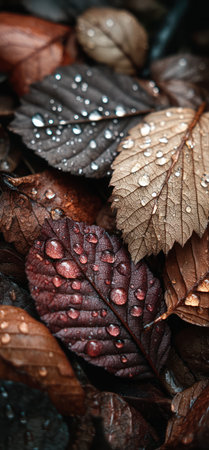 This macro shot captures the beauty of fallen leaves glistening with water droplets. The composition showcases various shades of brown and burgundy with detailed textures. Natural lighting enhances the three-dimensional effect. Suitable for diverse applications, including nature-themed projects, backgrounds, and print media.の素材