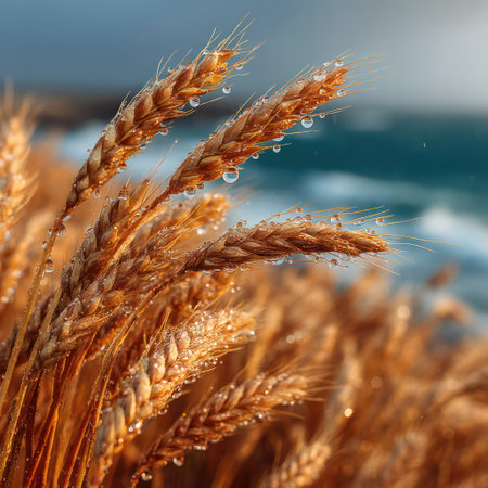 This image showcases detailed wheat spikes, glistening with water droplets. The composition features warm golden tones contrasted against a blurred, cool-toned background suggesting a natural environment. It may be suitable for illustrating themes related to agriculture, harvest, or food production, potentially for various commercial applications.の素材