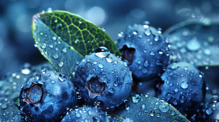 This image showcases a close-up of ripe blueberries, adorned with glistening water droplets. The vibrant blue hues of the berries contrast with the green of the leaves, creating a visually appealing composition. This image, with its high detail and natural lighting, would be ideal for use in various commercial and editorial applications.の素材
