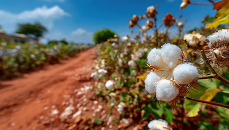 The image showcases cotton plants in a field under a bright blue sky. The focus is on the delicate, white cotton blossoms. A dirt path leads towards the background, enhancing depth. This image is suitable for use in agricultural publications or illustrating themes of nature and textiles.の素材