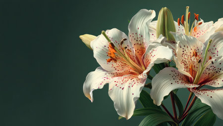 This image showcases a cluster of lilies, distinguished by their pristine white petals speckled with delicate orange markings. The composition is set against a solid dark green backdrop, creating a contrast that highlights the blossoms. The lighting appears soft, emphasizing the texture and form, suitable for various decorative or editorial applications.の素材