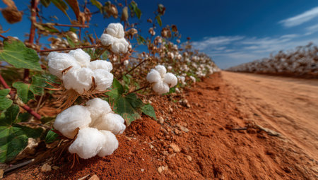 The image features cotton plants in a field under a bright blue sky. White cotton bolls are the focus, with green leaves and brown soil creating contrast. The composition suggests an outdoor setting, potentially a farm. This could be used for agricultural or environmental publications.の素材
