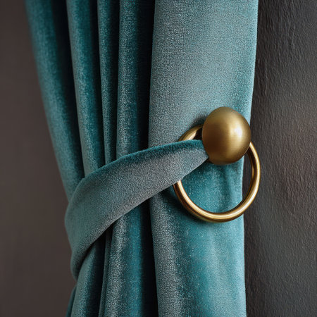 This image showcases a close-up of a teal curtain held by a gold-colored ring. The luxurious velvet-like texture of the fabric is highlighted by soft lighting. The composition suggests a decorative interior setting, with potential uses in home decor projects, textile designs, or editorial features.の素材
