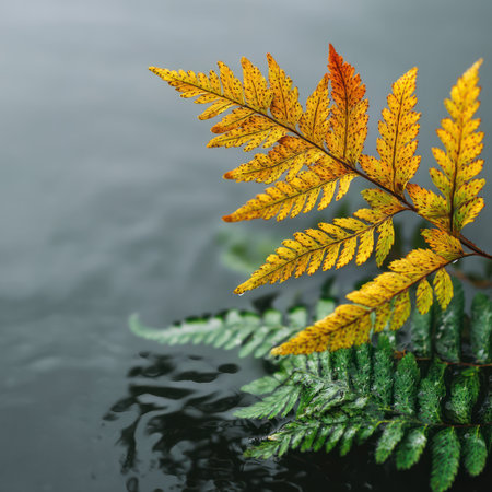 A close-up shot showcases a vibrant golden fern frond juxtaposed against a dark, blurred background. The image exhibits a high-angle composition with soft lighting, accentuating the texture and intricate details of the plant. Suitable for various design projects and editorial content, this image offers a sense of nature and tranquility.の素材
