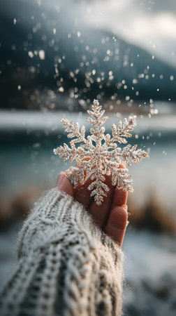 A hand wearing a knit sweater delicately holds a snowflake ornament. The composition features soft focus, with a winter landscape providing a blurred backdrop. The image utilizes natural lighting and cool tones, suggesting a serene outdoor setting. Suitable for use in editorial content or seasonal promotions.の素材