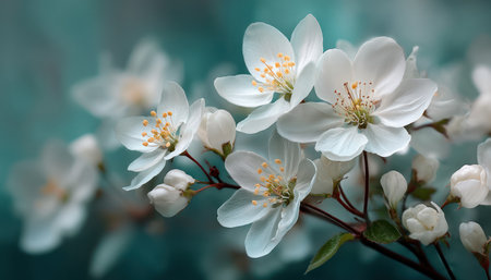 This image showcases a close-up of white blossoms, their petals beautifully detailed. The composition includes a blurred background, accentuating the flowers. The scene appears natural, likely outdoors, perhaps during daylight hours. The image could be used for various commercial or editorial applications related to nature or beauty.の素材