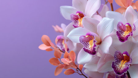 A close-up captures delicate white orchids with vibrant purple and yellow centers, complemented by orange foliage. The flowers are set against a soft, uniform purple backdrop. This image highlights the natural beauty and intricate details, suitable for various editorial and decorative applications.の素材