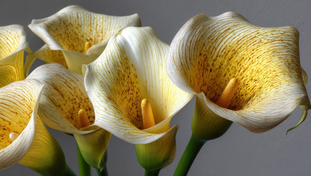This image showcases a close-up view of calla lilies, highlighting their delicate yellow and white petals. The flowers exhibit a natural texture and graceful form, set against a soft background. This visual could be utilized for various commercial and editorial projects, providing a fresh and inviting aesthetic.の素材