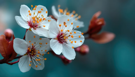 This image showcases a cluster of white blossoms, their petals delicately arranged. The flowers display prominent yellow stamens and red centers, set against a blurred background. The composition highlights the flowers' intricate details and textures. This image could be suitable for various commercial uses, including website backgrounds and print media.の素材