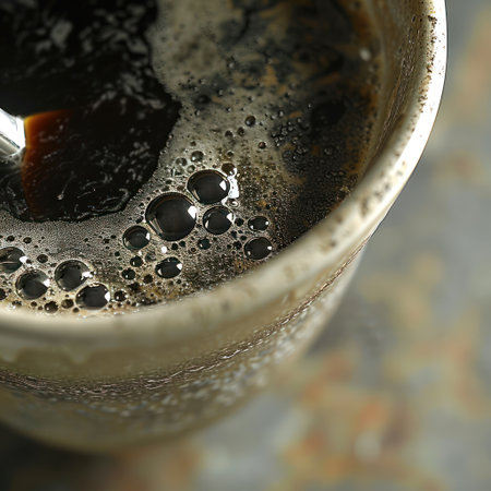 A close-up captures a ceramic cup filled with dark coffee. The image reveals bubbles on the surface, with a contrast of light and shadow. The composition uses a shallow depth of field, emphasizing textures. This could be useful for illustrating food, beverage, or lifestyle themes.の素材