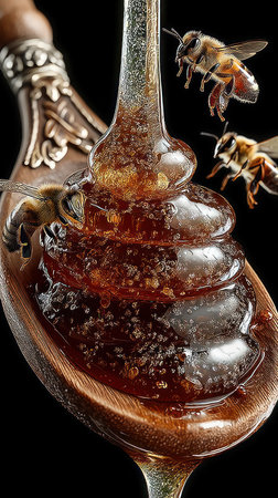 A close-up shot captures honey cascading from a rustic wooden spoon. The amber liquid contrasts with the wooden texture and a dark background. Two bees are seen flying near the spoon, creating a dynamic visual. This image is suitable for culinary, food-related, or natural health applications.の素材