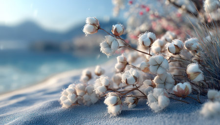 This image features delicate cotton plants against a soft focus background. The composition highlights the textured, white blooms, possibly suggesting a winter scene with subtle blue tones. This photograph could be utilized for various commercial purposes, including decorative elements or designs emphasizing natural themes.の素材