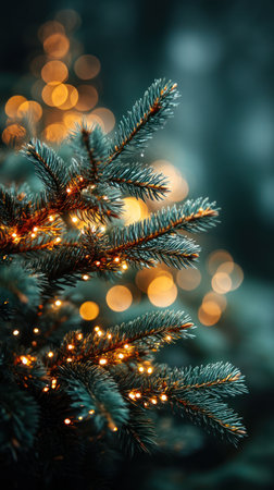 This image showcases detailed evergreen tree branches adorned with glowing string lights. The composition highlights the textures and hues of the foliage and the warm, golden light. It evokes a festive ambiance with a shallow depth of field, hinting at nighttime. Suitable for seasonal projects and general design use.の素材
