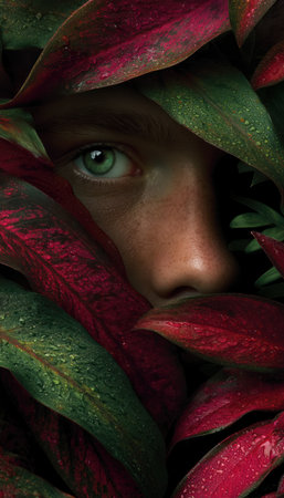 A striking close-up reveals a human eye framed by vibrant red and green foliage. The composition employs a shallow depth of field, focusing intently on the eye. The image evokes a sense of mystery and natural beauty, potentially suitable for editorial content and creative projects.の素材