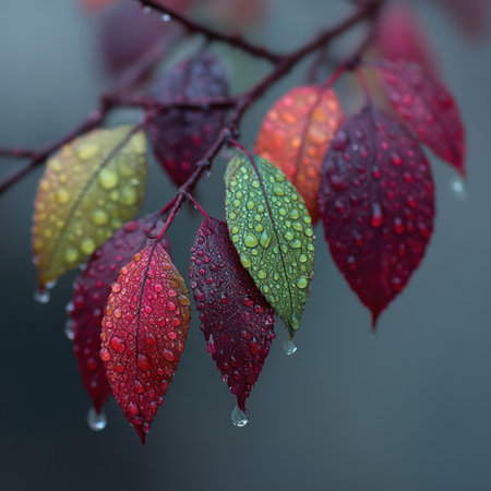 This image showcases a close-up of vibrant leaves, ranging from red and purple to green and yellow. Water droplets adorn the leaves, highlighting the textures and colors. The composition is focused, with soft lighting suggesting an outdoor setting. Suitable for various editorial and commercial applications.の素材
