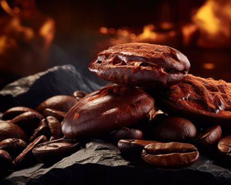 This image showcases a close-up of coffee beans and cookies. The composition highlights the textures and rich brown hues of the beans and desserts. The setting appears to be indoors with warm lighting, suggesting a cozy environment. Suitable for various uses including advertising and culinary themes.の素材