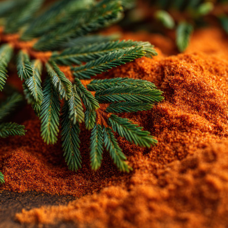 An overhead shot reveals vibrant green leaves resting atop a textured orange powder. The composition features a shallow depth of field, emphasizing the contrasting colors and textures. Ideal for illustrating natural elements or organic substances, suitable for a range of commercial and editorial purposes.の素材
