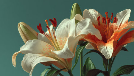 Two lily flowers are the focal point, exhibiting white and orange petals against a solid teal background. The image showcases soft lighting that accentuates the delicate textures and the gentle curves of the floral arrangement. This image could be suitable for various commercial or editorial applications related to nature and beauty.の素材