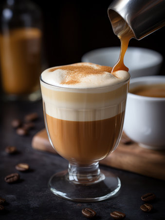 A close-up captures a coffee beverage being prepared with layers of foamy cream. The drink is a light brown color, with the creamy layers appearing in shades of white and light brown. The composition suggests an indoor setting, and this image could be used in various commercial or editorial applications.の素材