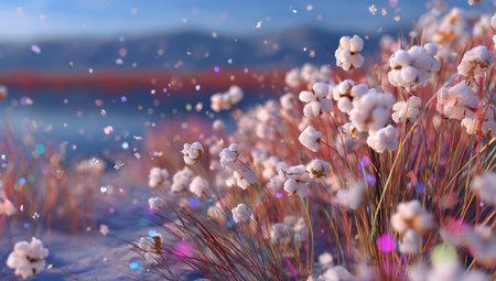 This image showcases delicate white flowers with soft textures, contrasted against a blurred backdrop featuring hints of blue and orange. Shimmering particles float around the flowers, enhancing the dreamy effect. Suitable for various applications, including website design, advertising, and editorial content to evoke a sense of tranquility and beauty.の素材