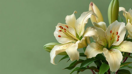 This image showcases a close-up of several white lily flowers, with their delicate petals and contrasting brown spots. Green buds and leaves complement the soft ivory color. The composition, lit with soft lighting, creates a visually appealing display. It could be used for various projects needing a floral aesthetic.の素材